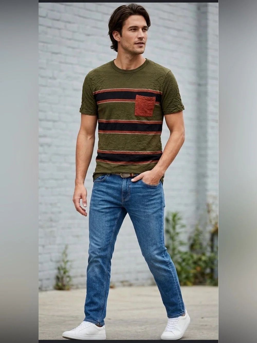 scotch & soda 100% merino wool olive horizontal stripe crew neck shirt